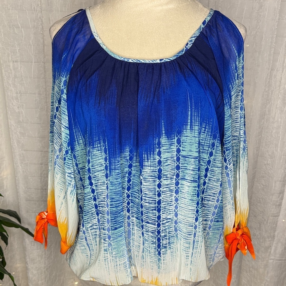 JohnPaulRichard Blue and Orange Cold Shoulder Blouse
